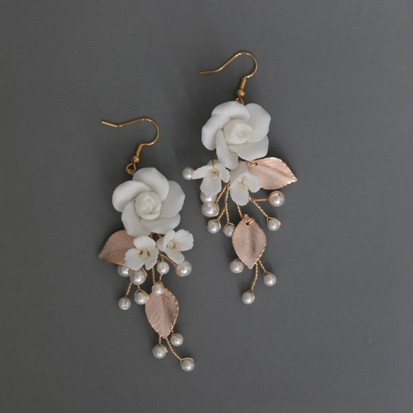 Handmade Ceramic White Flower Earrings Hair Comb Bridal Piece Rose Gold