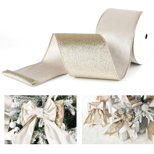 Champagne Velvet Wired Ribbon With Glitter Back 4 Inch Ivory And Gold Christmas For Tree Decorations Gift Wrapping Mantel Wreaths Supplies Topper Bows