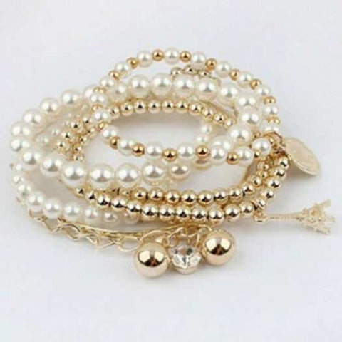 Charm Faux Pearl Bead Bracelets Set Golden