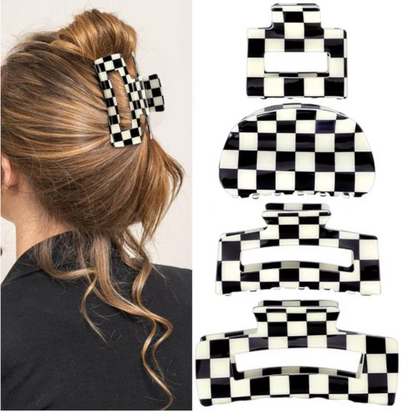 Checkered Claw Clips Thick Hair Fine Curly Straight Long Non Slip Simple Style Black And White Square Set Of 4 Accessories For Women Hair Accessories