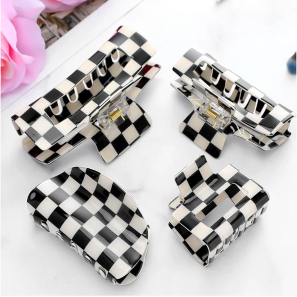 Checkered Claw Clips Thick Hair Fine Curly Straight Long Non Slip Simple Style Black And White Square Set Of 4 Accessories For Women Hair Accessories