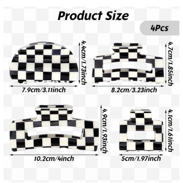 Checkered Claw Clips Thick Hair Fine Curly Straight Long Non Slip Simple Style Black And White Square Set Of 4 Accessories For Women Hair Accessories