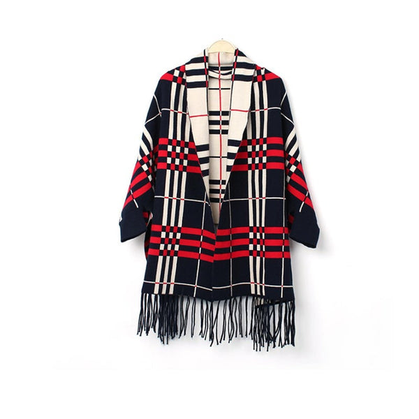 Chequered Shawl Poncho Batwing Sleeve Coat Fringed Autumn And Winter Scarf Blue Scarves & Wraps