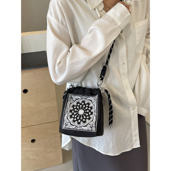 Chic Drawstring Bucket Bag With Intricate Print Adjustable Rope Strap Lightweight Fabric Black Women's Bags & Handbags