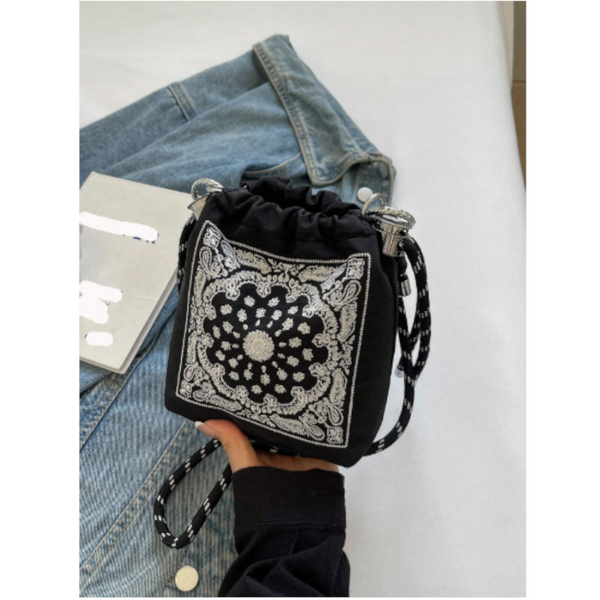 Chic Drawstring Bucket Bag With Intricate Print Adjustable Rope Strap Lightweight Fabric Black Women's Bags & Handbags