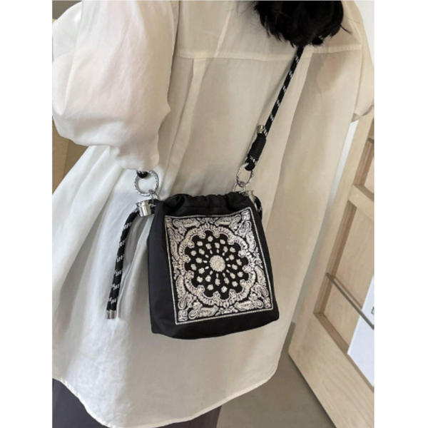 Chic Drawstring Bucket Bag With Intricate Print Adjustable Rope Strap Lightweight Fabric Black Women's Bags & Handbags