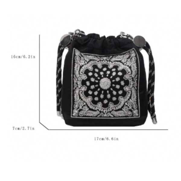 Chic Drawstring Bucket Bag With Intricate Print Adjustable Rope Strap Lightweight Fabric Black Women's Bags & Handbags
