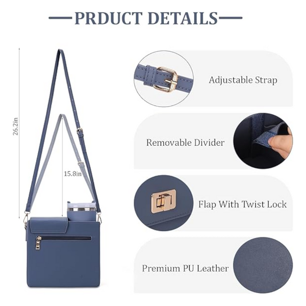 Chic Pu Leather Crossbody Bag With Tumbler Holder Multi Compartment Adjustable Strapdoes Not Include Thermos Cup(Blue) Women's Bags & Handbags