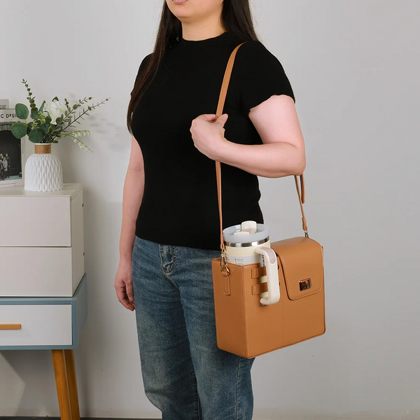 Chic Pu Leather Crossbody Bag With Tumbler Holder Multi Compartment Adjustable Strapdoes Not Include Thermos Cup(Brown) Women's Bags & Handbags