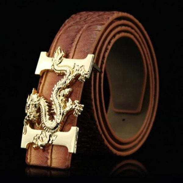 Chinese Style Dragon Head Men's Belt Smooth Buckle Crocodile Pattern Waistband Coffee Belts