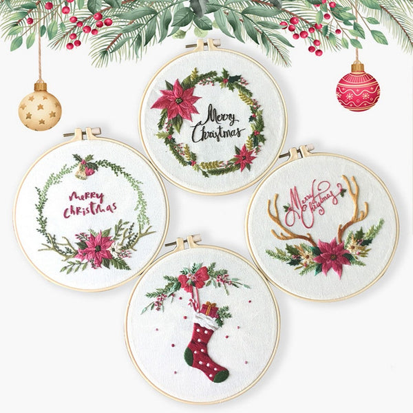 Christmas Embroidery Starter Kit Diy Cross Stitch Pattern Needlework Set