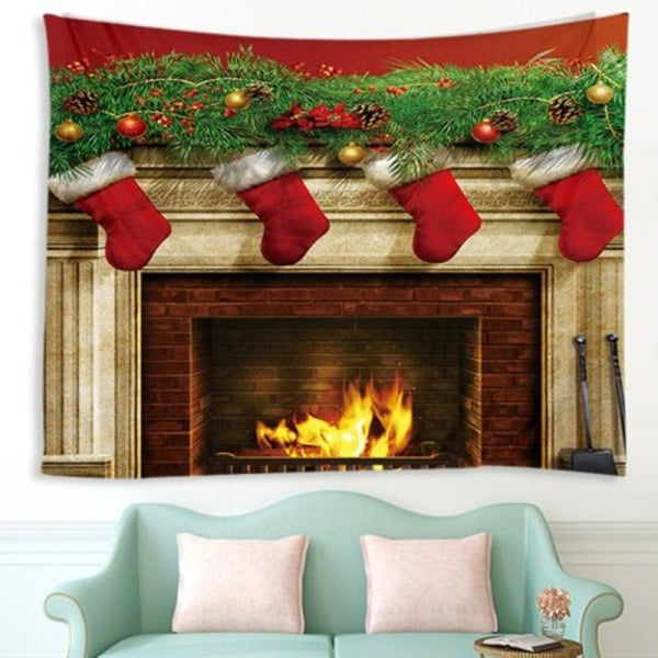 Christmas Fireplace Pattern Tapestry Wall Background Diy Holiday Decoration Multi I W59 X L51 Inch