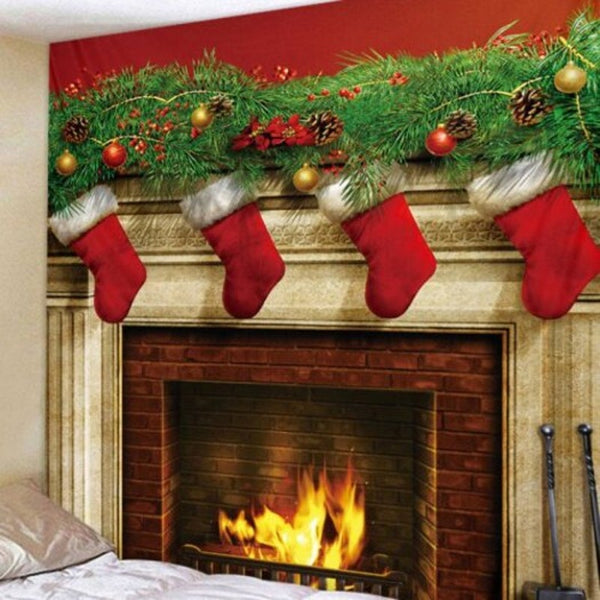 Christmas Fireplace Pattern Tapestry Wall Background Diy Holiday Decoration Multi I W59 X L51 Inch