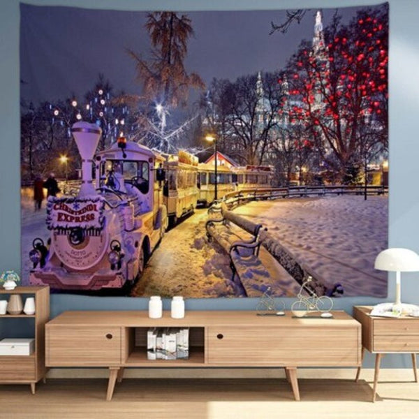 Christmas Snow Night Train Pattern Digital Print Tapestry Multi A W59 X L51 Inch
