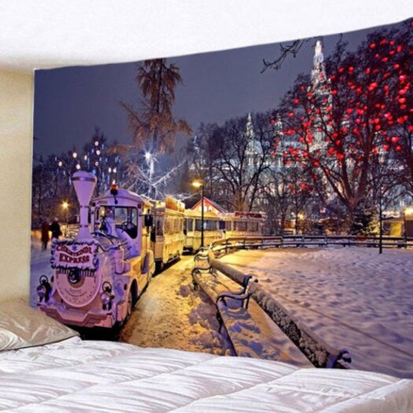 Christmas Snow Night Train Pattern Digital Print Tapestry Multi A W59 X L51 Inch