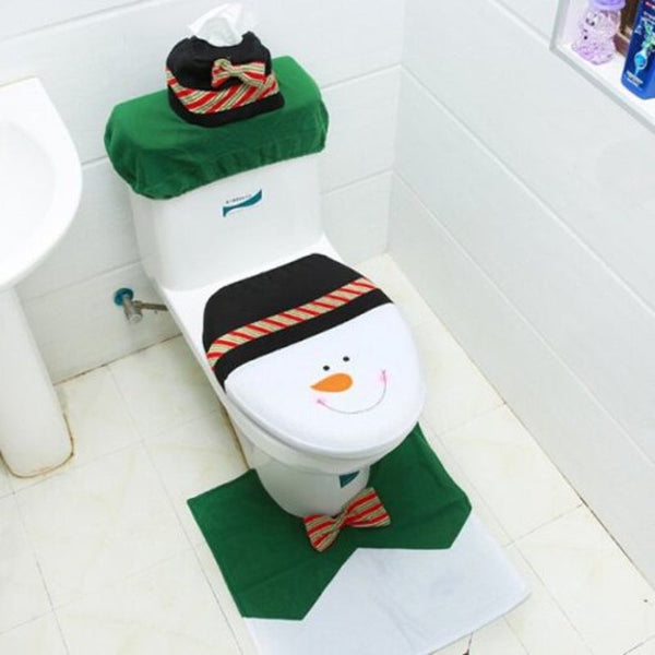 Christmas Snowman Toilet Set Floor Mat Paper Towel Kit Red
