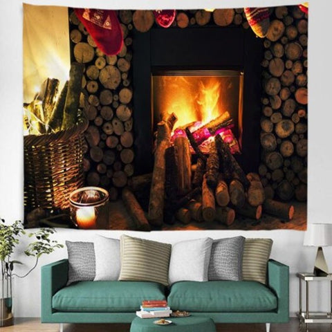 Christmas Stove Fireplace Pattern Digital Print Tapestry Hanging Cloth Multi A W59 X L51 Inch