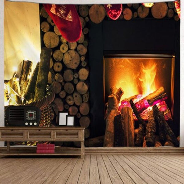 Christmas Stove Fireplace Pattern Digital Print Tapestry Hanging Cloth Multi A W59 X L51 Inch