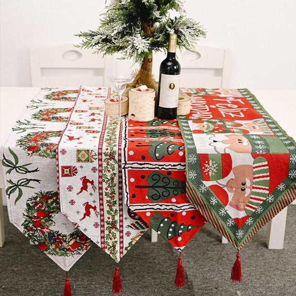 Tablecloths Christmas Runner Flag Decoration Santa Claus Wreath Tree Reindeer Table Runners