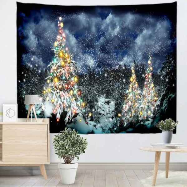 Christmas Tree Color Lights Snow Landscape Printing Polyester Sanding Tapestry Lapis Blue W59 X L51 Inch