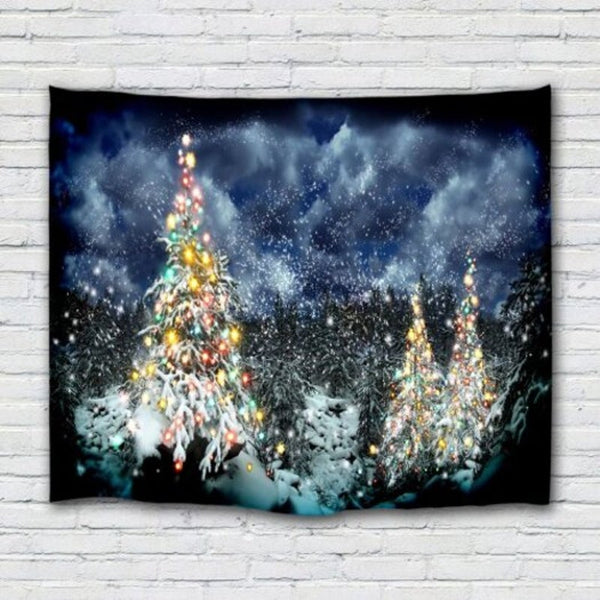 Christmas Tree Color Lights Snow Landscape Printing Polyester Sanding Tapestry Lapis Blue W59 X L51 Inch
