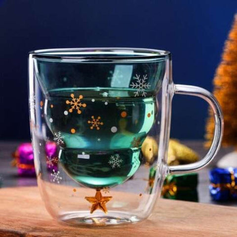 Christmas Tree Design Double Layer Glass Mug Cold Hot Resistant Transparent Cup