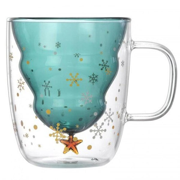 Christmas Tree Design Double Layer Glass Mug Cold Hot Resistant Transparent Cup