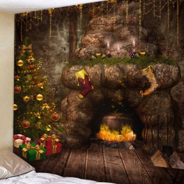 Christmas Tree Fireplace Cave Printing Polyester Brushed Tapestry Brown Bear W59 X L51 Inch