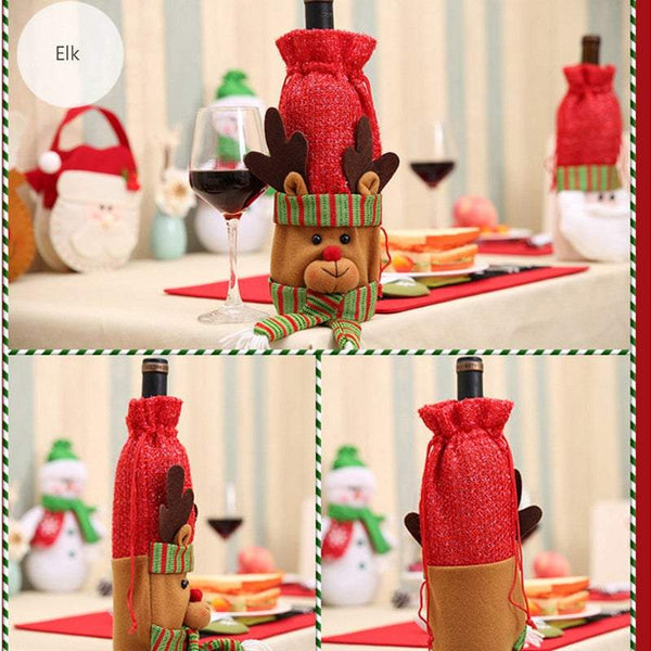 Christmas Ornaments Wine Bottle Cover Bag Drawstring Cute Santa Claus Seasonal Decorations