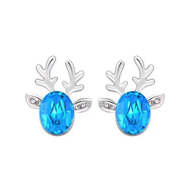 Christmas Deer Crystal Stud Earrings Deep Sky Blue