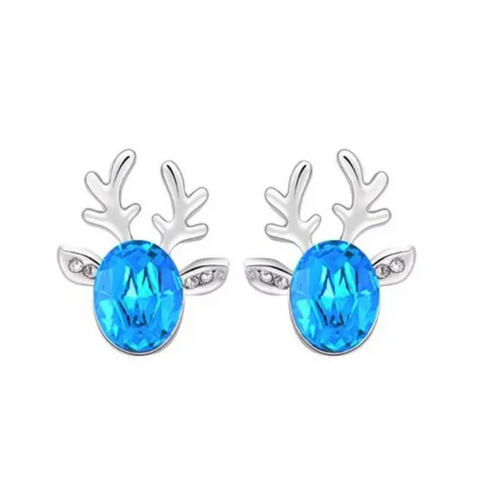Christmas Deer Crystal Stud Earrings Deep Sky Blue