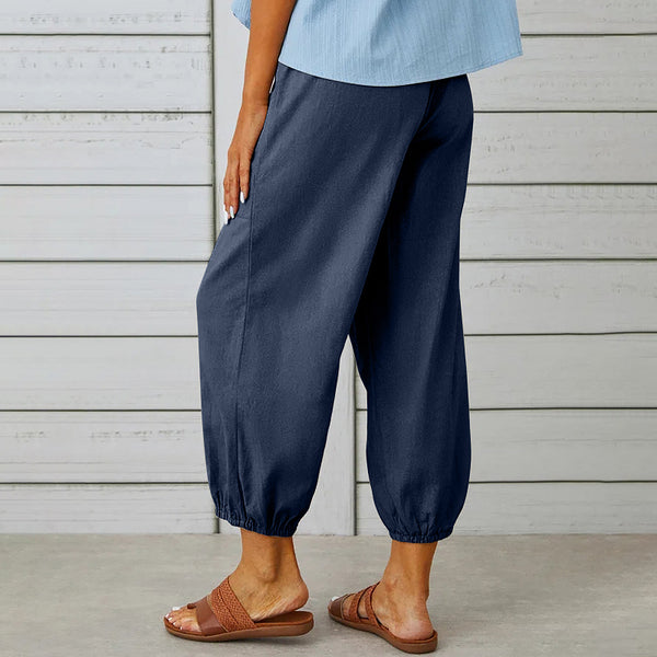 Women's Drawstring Tie Pants Spring Summer Cotton Linen Trousers With Pockets