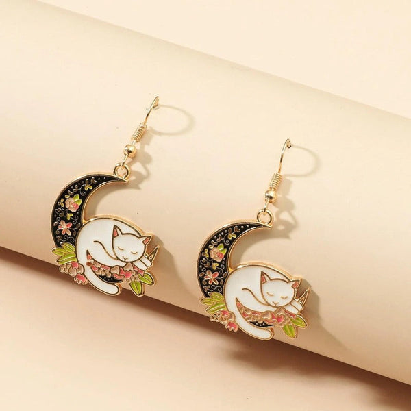 Cute Cat With Black Moon And Flower Dangle Earrings Aesthetic Drop