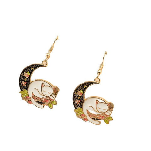 Cute Cat With Black Moon And Flower Dangle Earrings Aesthetic Drop