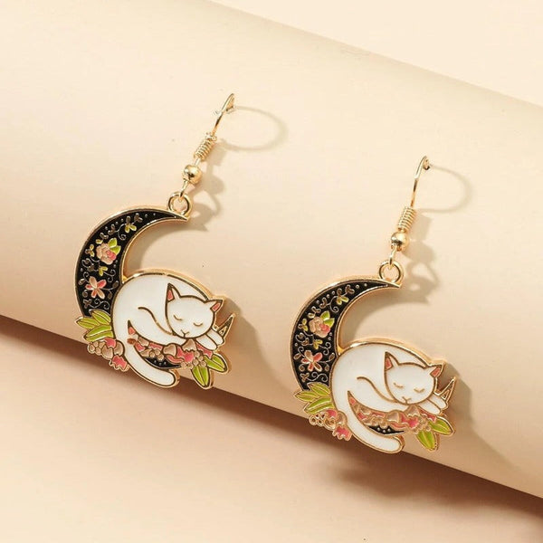 Veile Studios Cute Cat With Black Moon And Flower Dangle Aesthetic Drop Earrings
