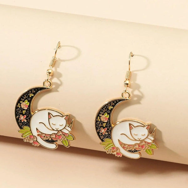 Veile Studios Cute Cat With Black Moon And Flower Dangle Aesthetic Drop Earrings