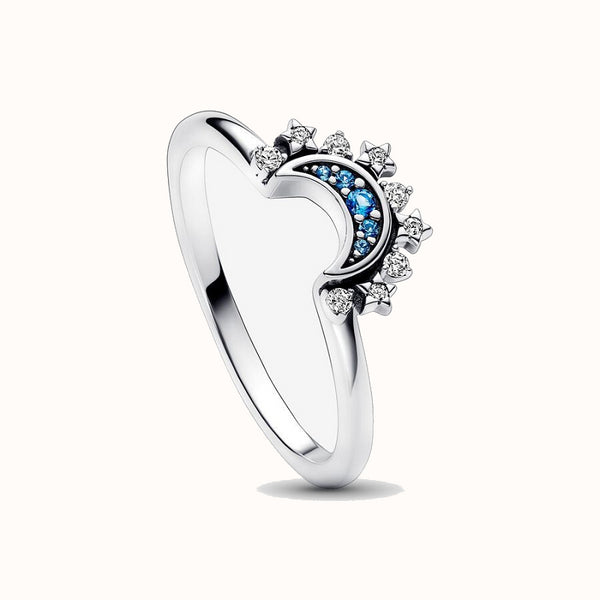 Sterling Silver Rising Sun Ring Shining Blue Moon Combination Two-In-One