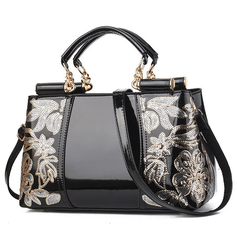 Glossy Leather Sequins Handbags Women Top Handle Purse Satchel Bag