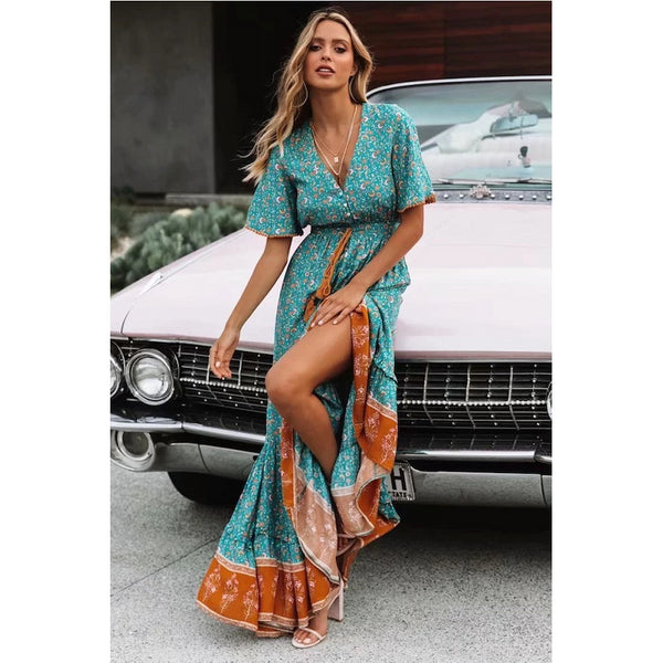 Bohemian V Neck Floral Long Maxi Dress Beach Short Sleeve Features Specification Dresses