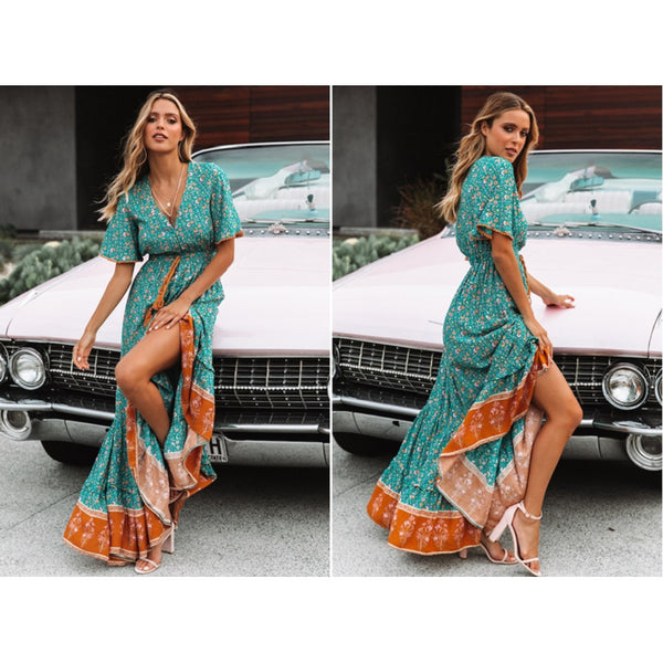 Bohemian V Neck Floral Long Maxi Dress Beach Short Sleeve Features Specification Dresses