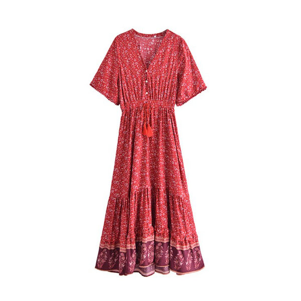 Bohemian V Neck Floral Long Maxi Dress Beach Short Sleeve Features Specification Dresses