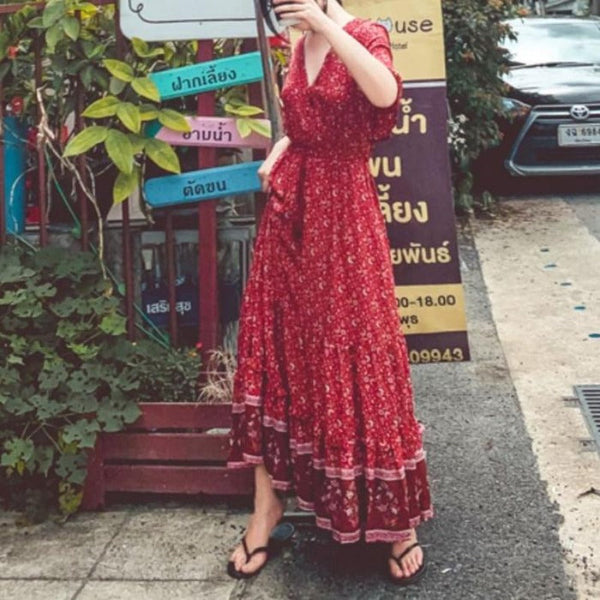 Bohemian V Neck Floral Long Maxi Dress Beach Short Sleeve Features Specification Dresses