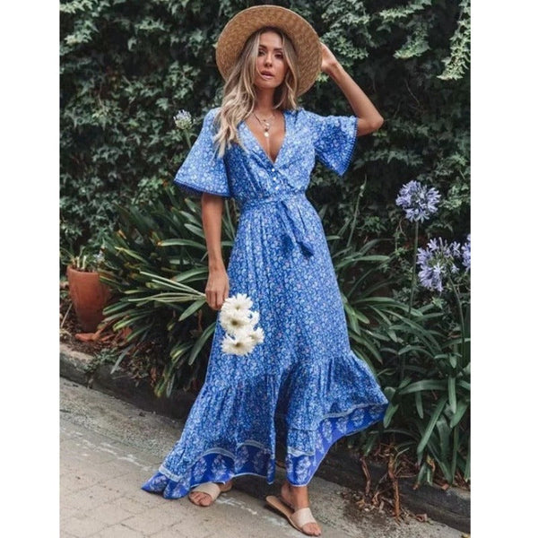 Bohemian V Neck Floral Long Maxi Dress Beach Short Sleeve Features Specification Dresses
