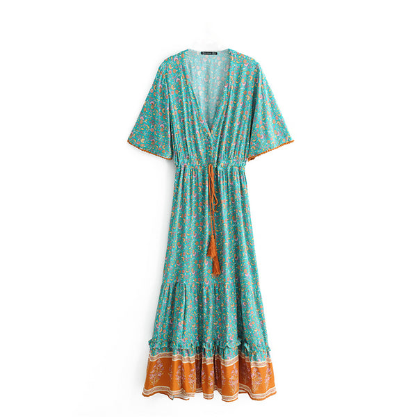 Bohemian V-Neck Floral Long Maxi Dress Beach Dresses Short Sleeve