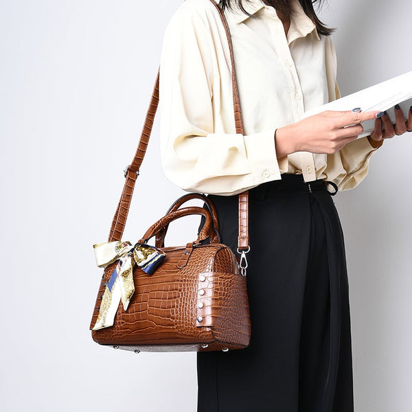 Classic Barrel Shaped Scarf Alligator Shoulder Bag Pu Leather Multi Pockets Large Capacity Luxury Handbags Designer Purses Women Women's Bags & Handba