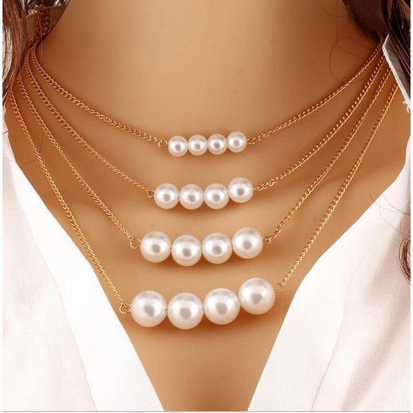Veile Studios Multi Layer Womens Pearl Necklace Gold Round Beads Clavicle Chain Sweater Necklaces & Pendants
