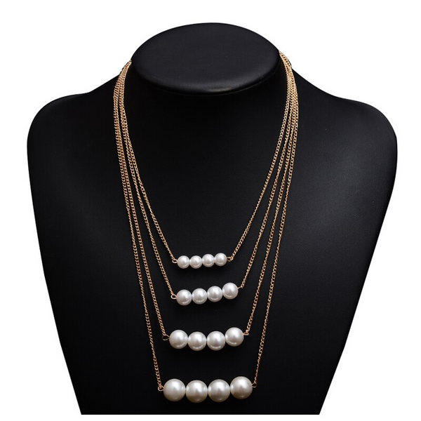 Veile Studios Multi Layer Womens Pearl Necklace Gold Round Beads Clavicle Chain Sweater Necklaces & Pendants