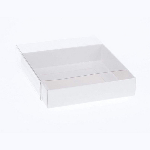 10 Pack Of 10Cm Square Invitation Coaster Favor Function Product Presentation Cookie Biscuit Patisserie Gift Box - 2Cm Deep White Card With Clear Slide On Pvc Lid