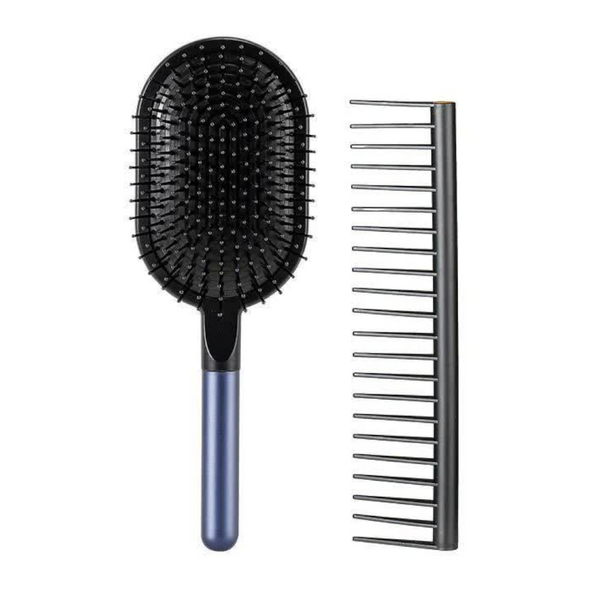 Blue Air Cushion Massage Paddle Brush & Wide Tooth Comb Set Gentle Detangling For All Hair Types Massagers