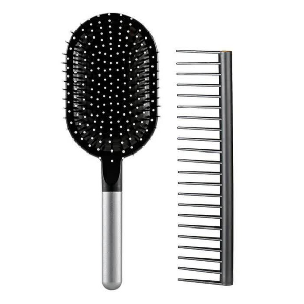Grey Air Cushion Massage Paddle Brush & Wide Tooth Comb Set Gentle Detangling For All Hair Types Massagers